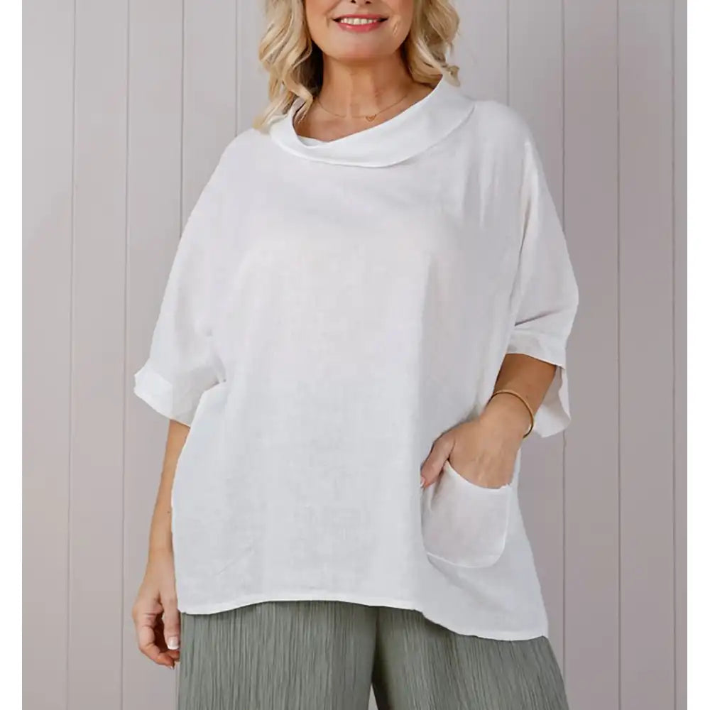 Cowl Neck Linen Top - White
