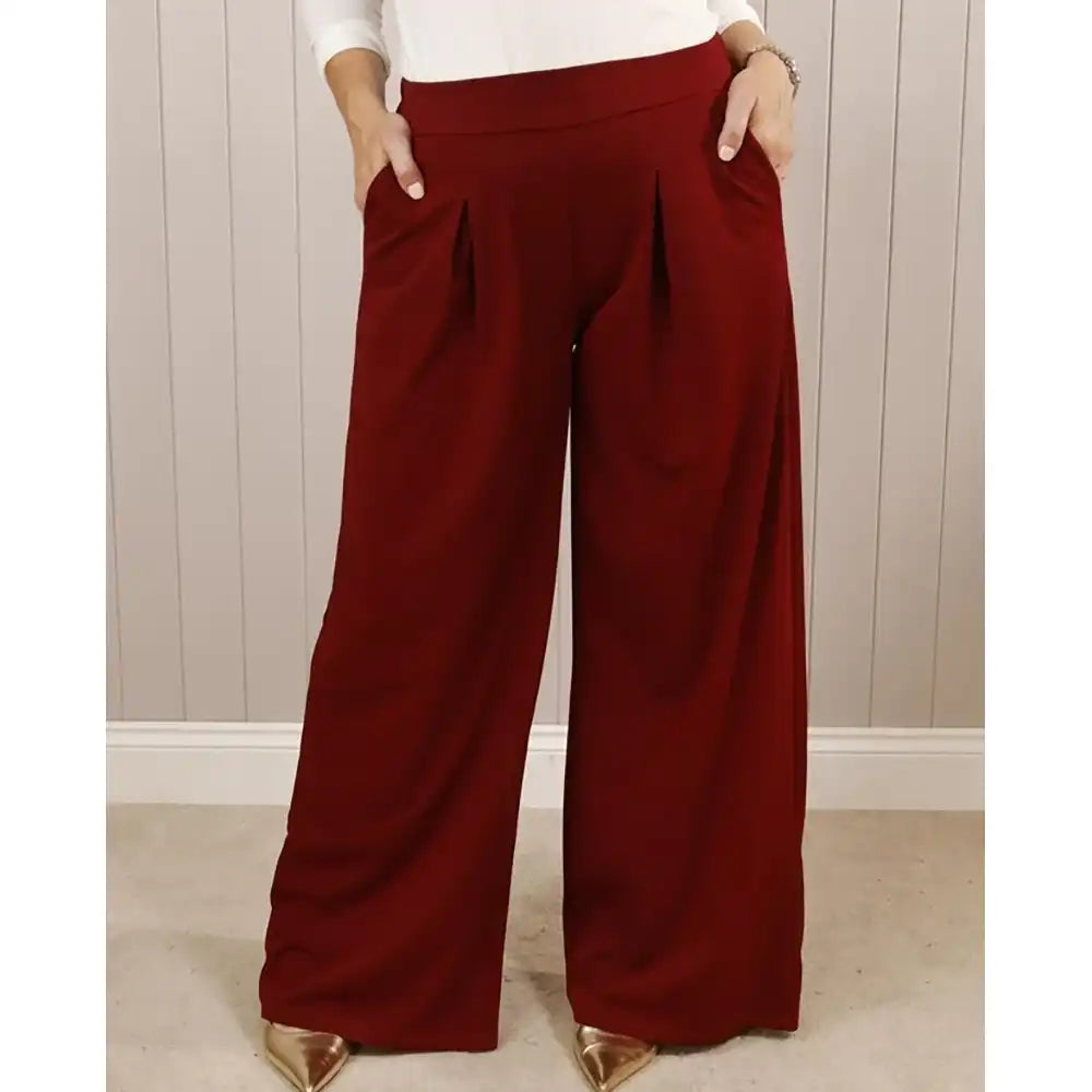 Pleat Front Wide Leg Trousers - Wine