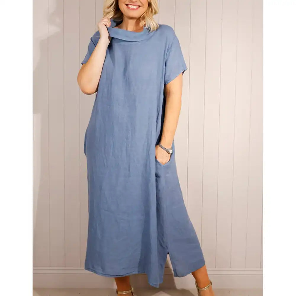 Cowl neck dress with short sleeves in denim blue