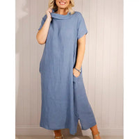 Cowl neck dress with short sleeves in denim blue