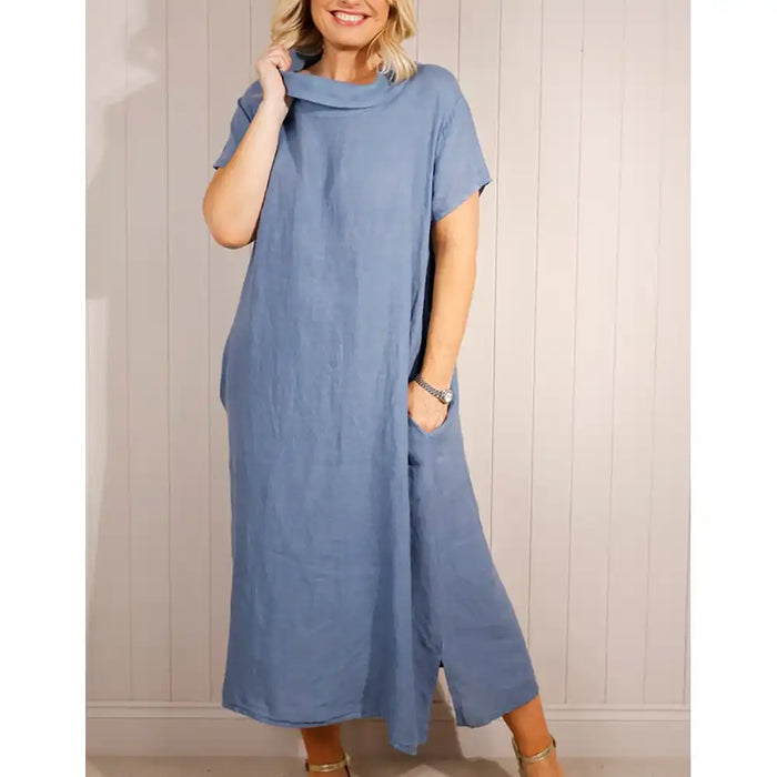 Cowl neck dress with short sleeves in denim blue