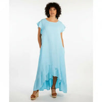 Woman in blue frilled long dress.