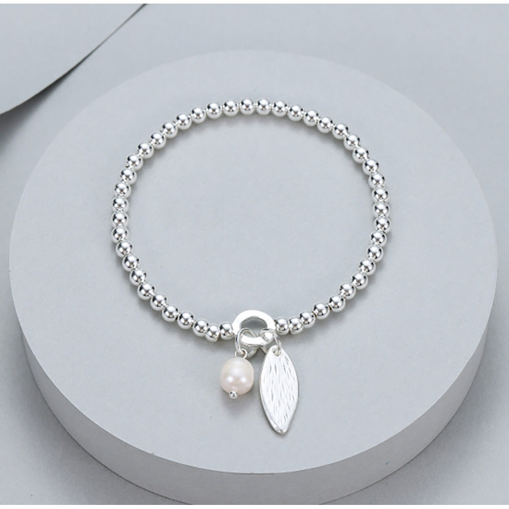 Gracee Feather and Pearl Charm Silver Bracelet
