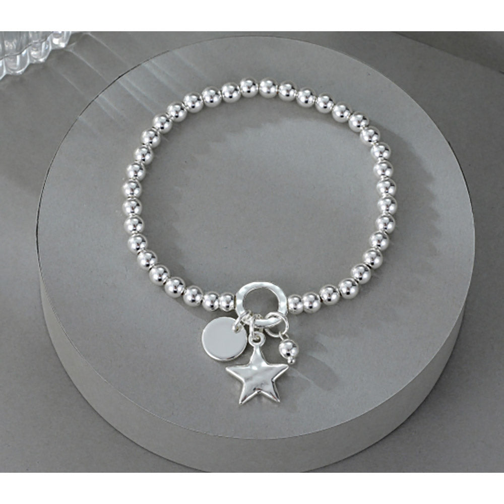 Gracee Star & Circle Charm Silver Bead Bracelet