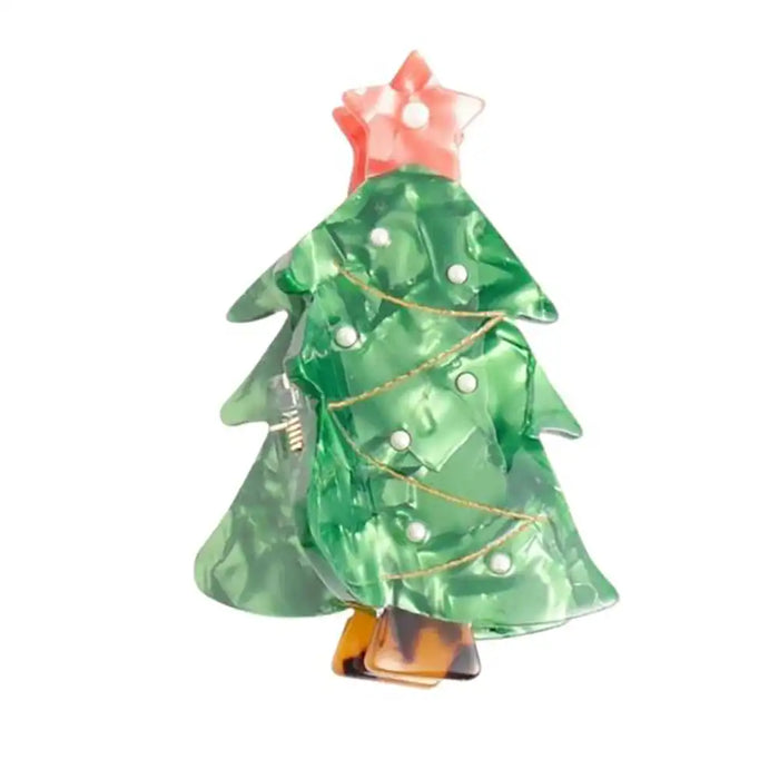 Picture of a Christmas tree hair claw clip  in green with white berries and a red star on top. 