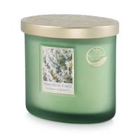 A green glass jar candle with a metallic gold lid, featuring a label that reads 'Shimmering Forest' and 'Eucalyptus & Spiced Fir'.