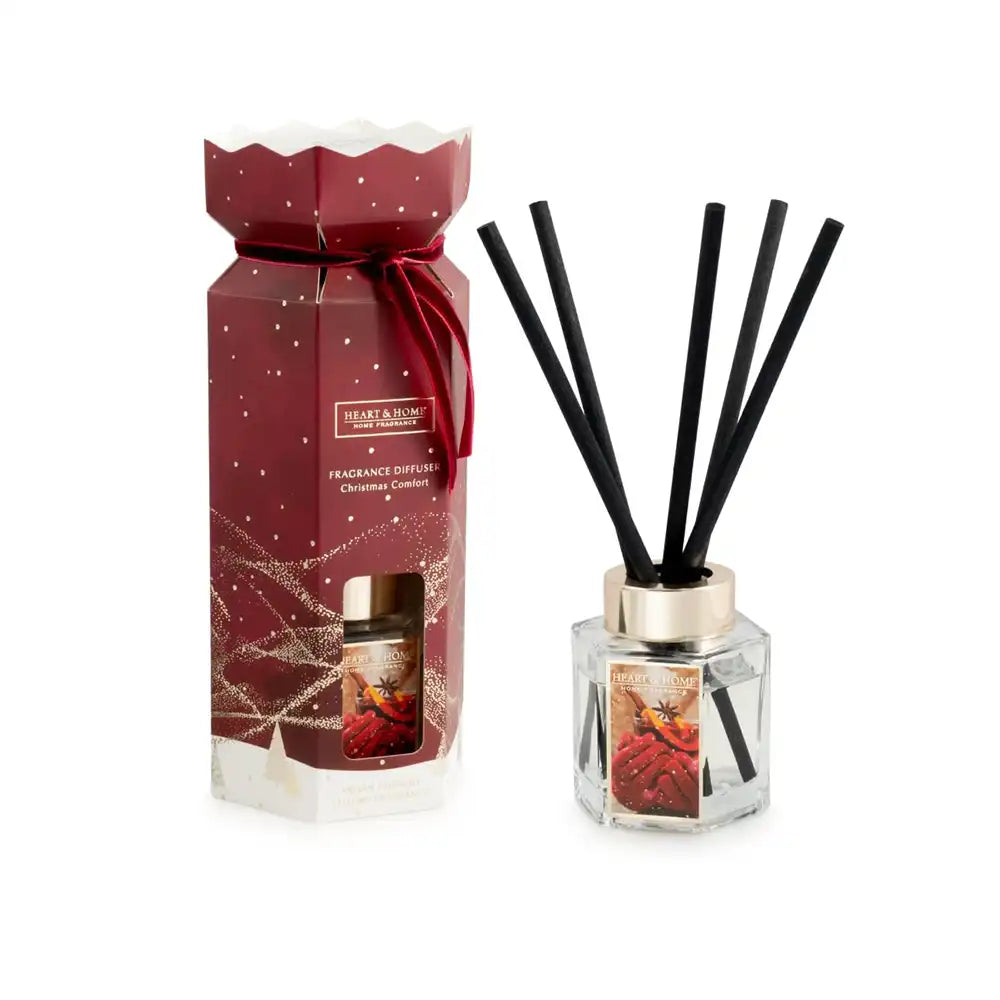 A reed diffuser set with a red Christmas-themed box and a clear glass bottle with black reeds, shown on a white background.
