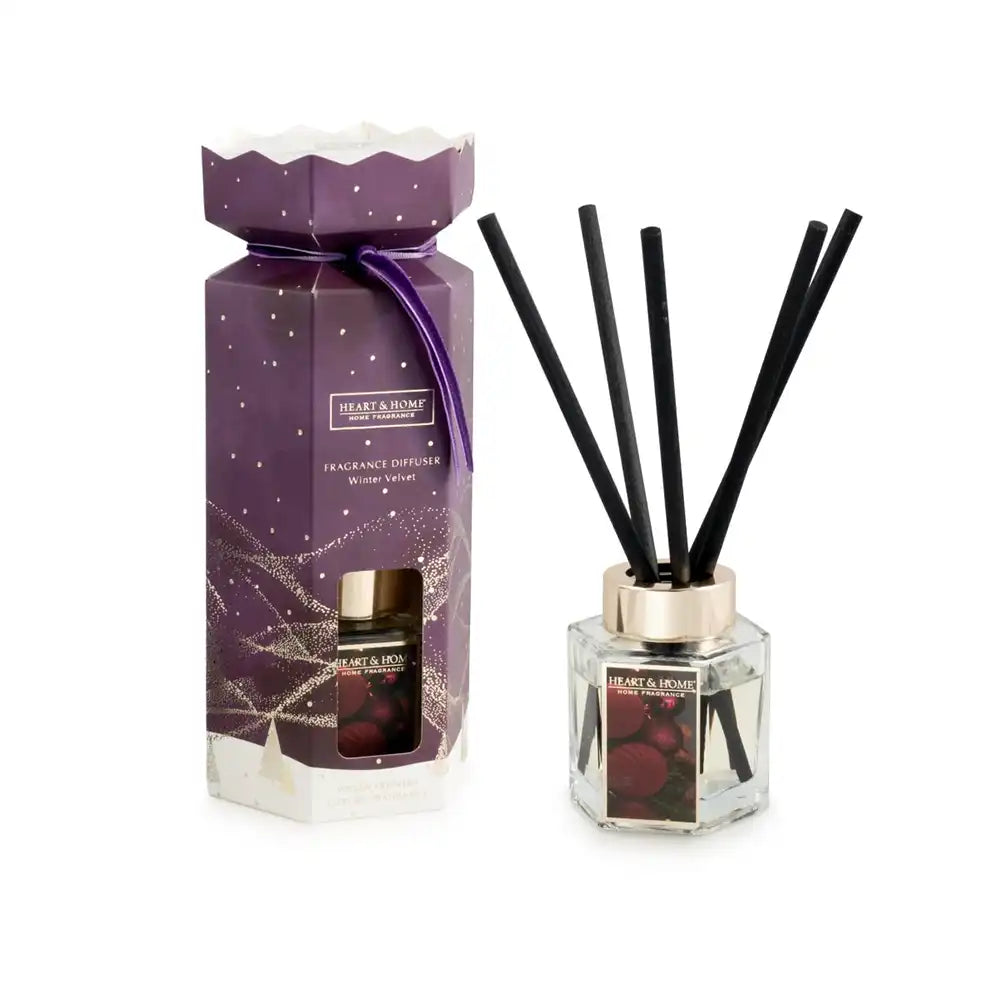 A reed diffuser set from featuring a purple gift box with gold star details and a clear glass bottle with black reeds, shown on a white background.
