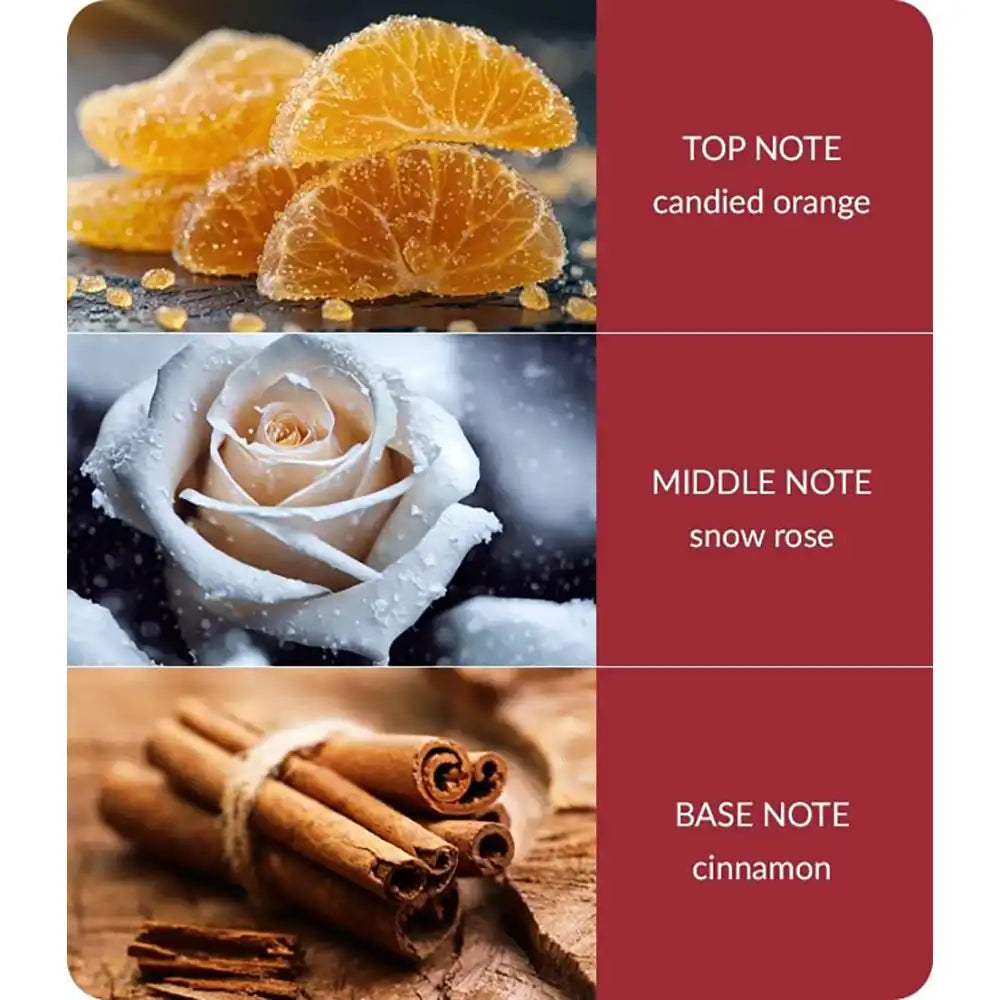 A fragrance notes graphic with three panels: candied orange slices labeled top note, a snow-covered rose labeled middle note, and cinnamon sticks labeled base note, alongside dark red text panels reading the note names.