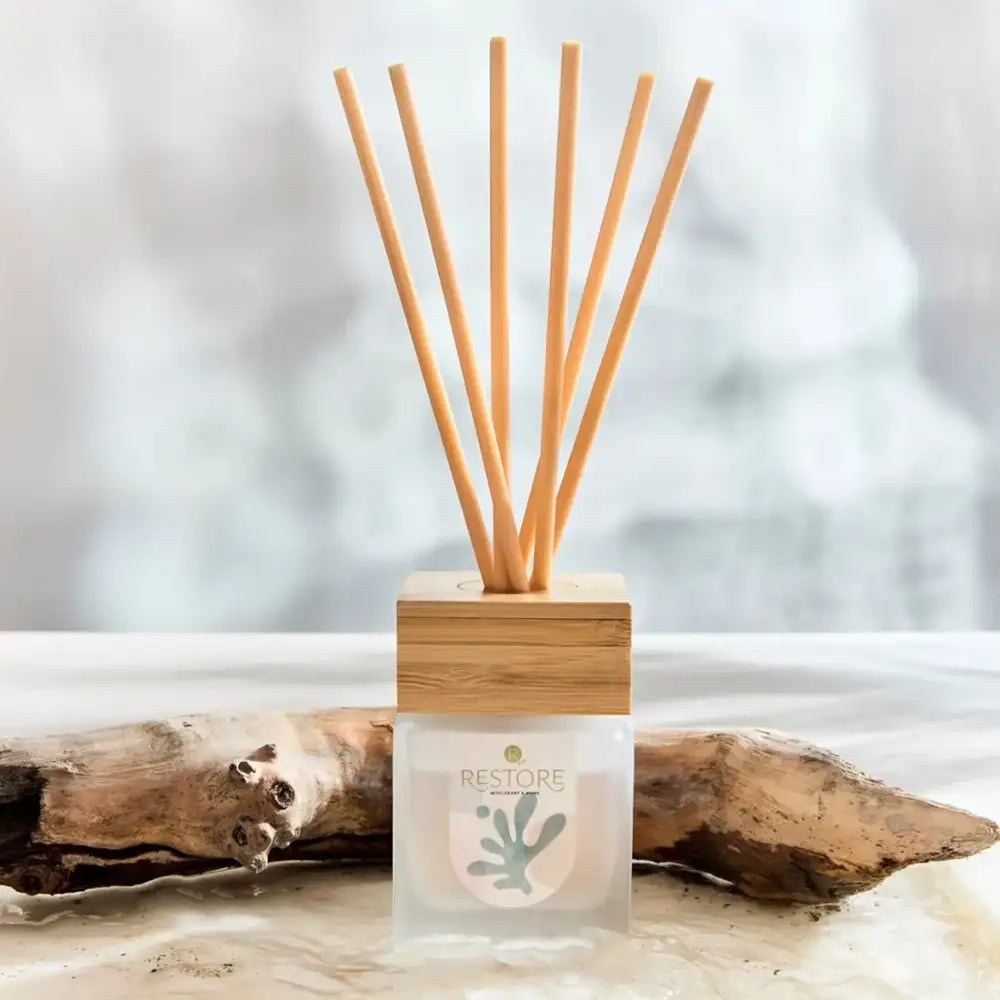 Reed diffuser with wooden sticks on a white background