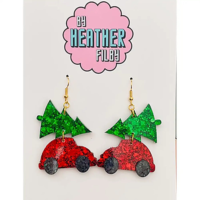 Red car earrings with green trees on a card by Heather Filby