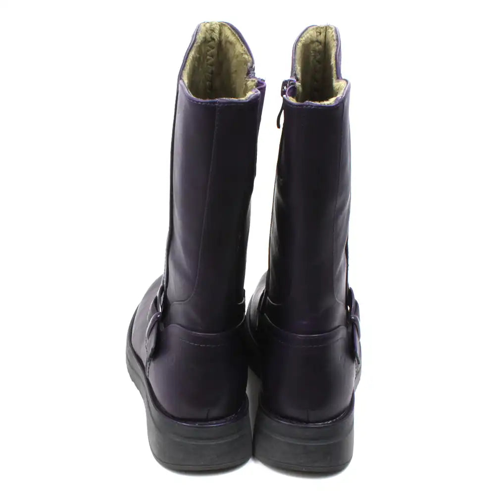 Heavenly Feet Bella purple calf height boots with goldie beige fleece lining. Wedge soles and strap across front of ankle with a purple buckle detail. Fitting is by zip on the inside of the boot and accompanied by a nearby elastic panel for comfort. Back view.