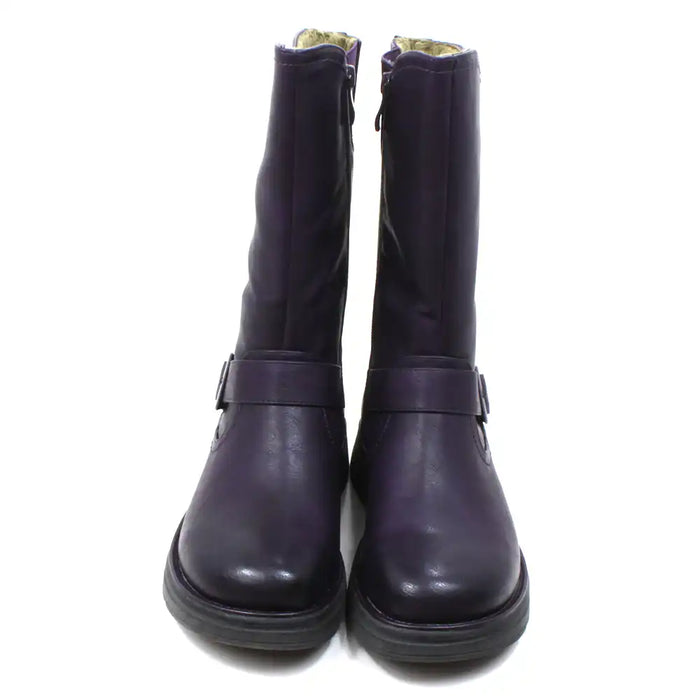 Heavenly Feet Bella purple calf height boots with goldie beige fleece lining. Wedge soles and strap across front of ankle with a purple buckle detail. Fitting is by zip on the inside of the boot and accompanied by a nearby elastic panel for comfort. Front view.