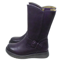 Heavenly Feet Bella purple calf height boots with goldie beige fleece lining. Wedge soles and strap across front of ankle with a purple buckle detail. Fitting is by zip on the inside of the boot and accompanied by a nearby elastic panel for comfort. Side view.