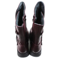 Burgundy calf height boots with buckles at the ankle and on the leg. Low heels. Back view showing grey fur interior.