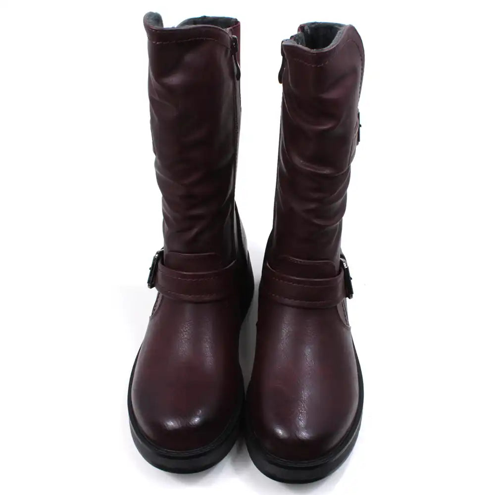 Burgundy calf height boots with buckles at the ankle and on the leg. Low heels. Front view.