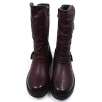 Burgundy calf height boots with buckles at the ankle and on the leg. Low heels. Front view.