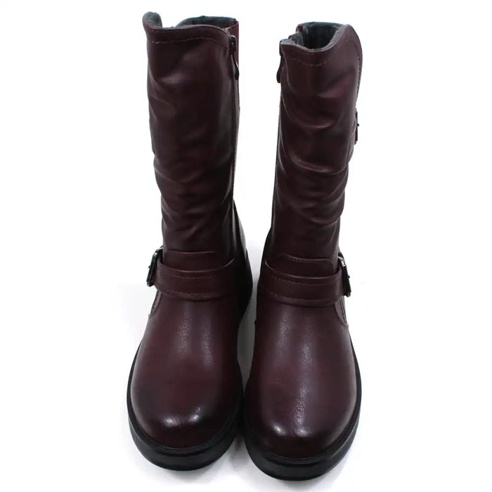 Burgundy calf height boots with buckles at the ankle and on the leg. Low heels. Front view.
