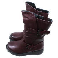 Burgundy calf height boots with buckles at the ankle and on the leg. Low heels. Side view.