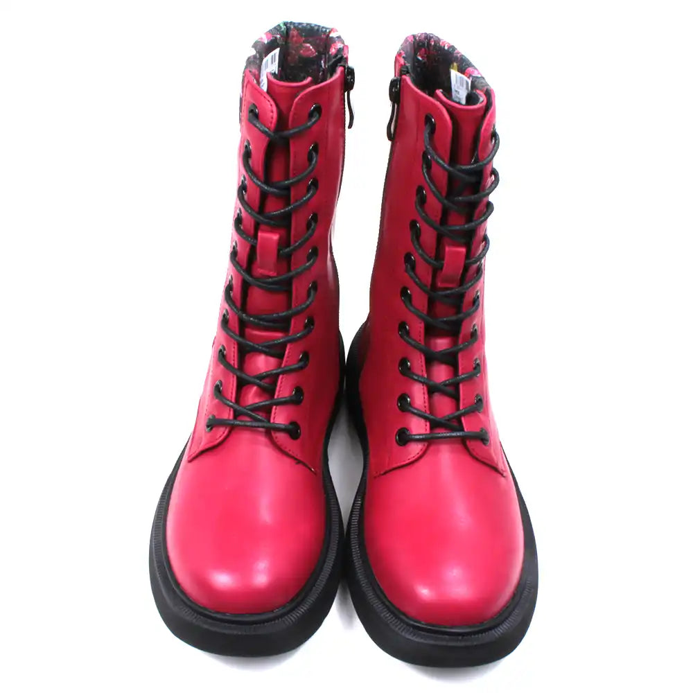 Bold red 10 lace boots with zip up fitting. Black low soles. Leaves fabric trim around cuffs. Front view.