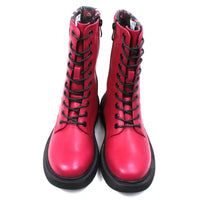 Bold red 10 lace boots with zip up fitting. Black low soles. Leaves fabric trim around cuffs. Front view.