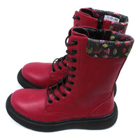 Bold red 10 lace boots with zip up fitting. Black low soles. Leaves fabric trim around cuffs. Side view.