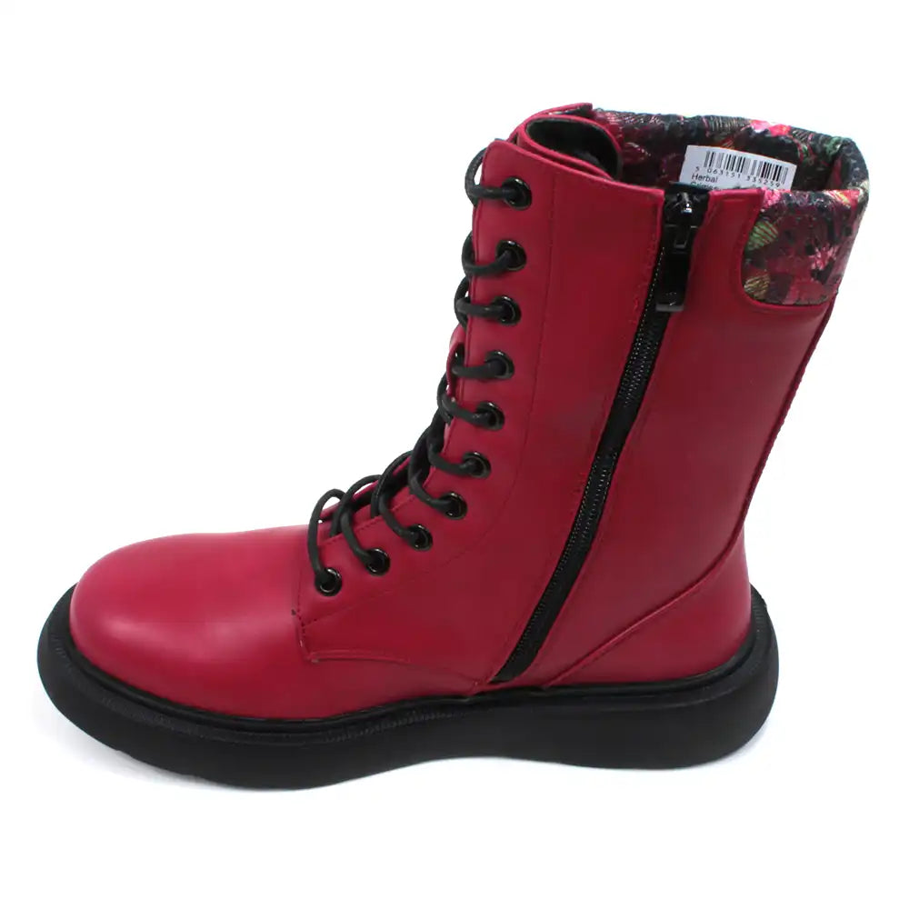 Bold red 10 lace boot with zip up fitting. Black low sole. Leaves fabric trim around cuffs. View showing zipper.