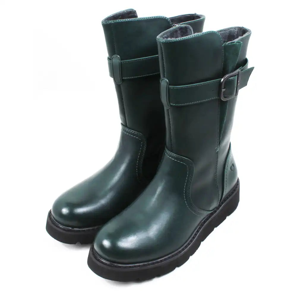 Pair of green mid calf boots with buckles. Angled view.
