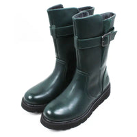 Pair of green mid calf boots with buckles. Angled view.
