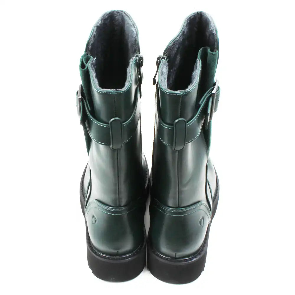 Pair of green mid calf boots with buckles. Back view.