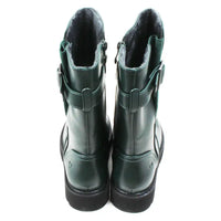 Pair of green mid calf boots with buckles. Back view.