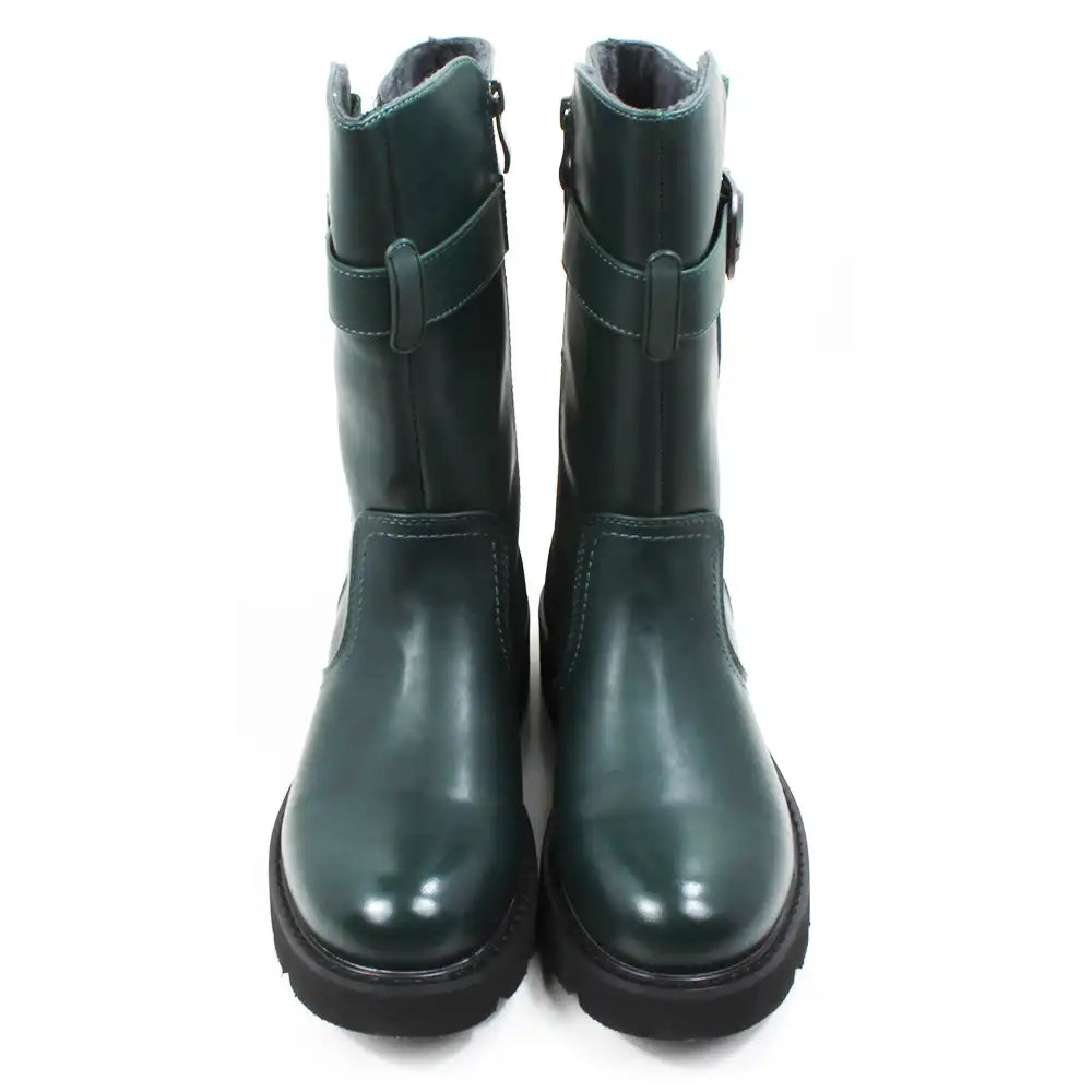 Pair of green mid calf boots with buckles. Front view.