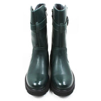 Pair of green mid calf boots with buckles. Front view.