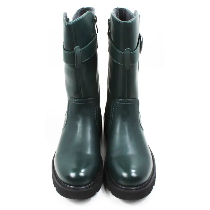 Pair of green mid calf boots with buckles. Front view.
