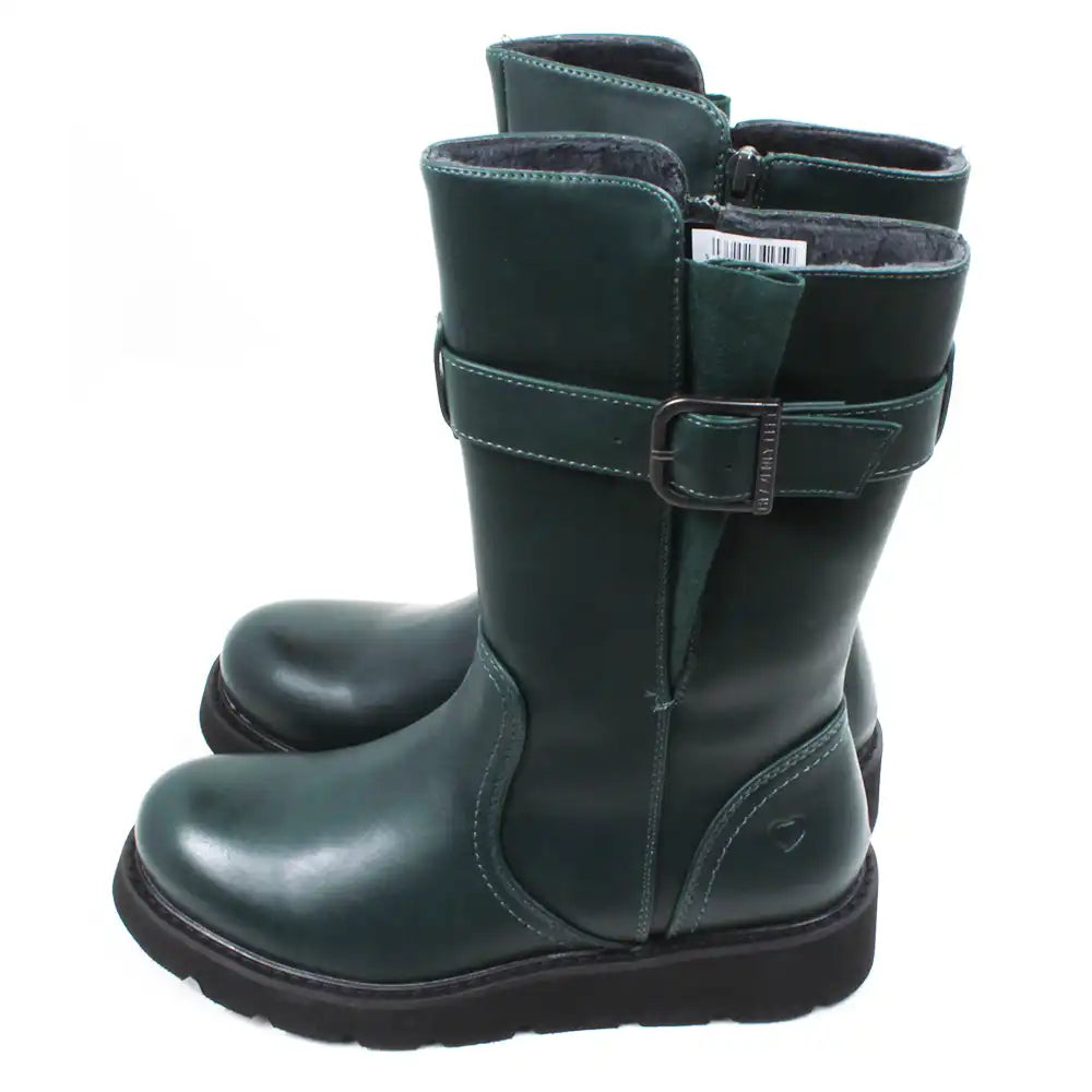 Pair of green mid calf boots with buckles. Side view.