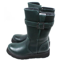 Pair of green mid calf boots with buckles. Side view.