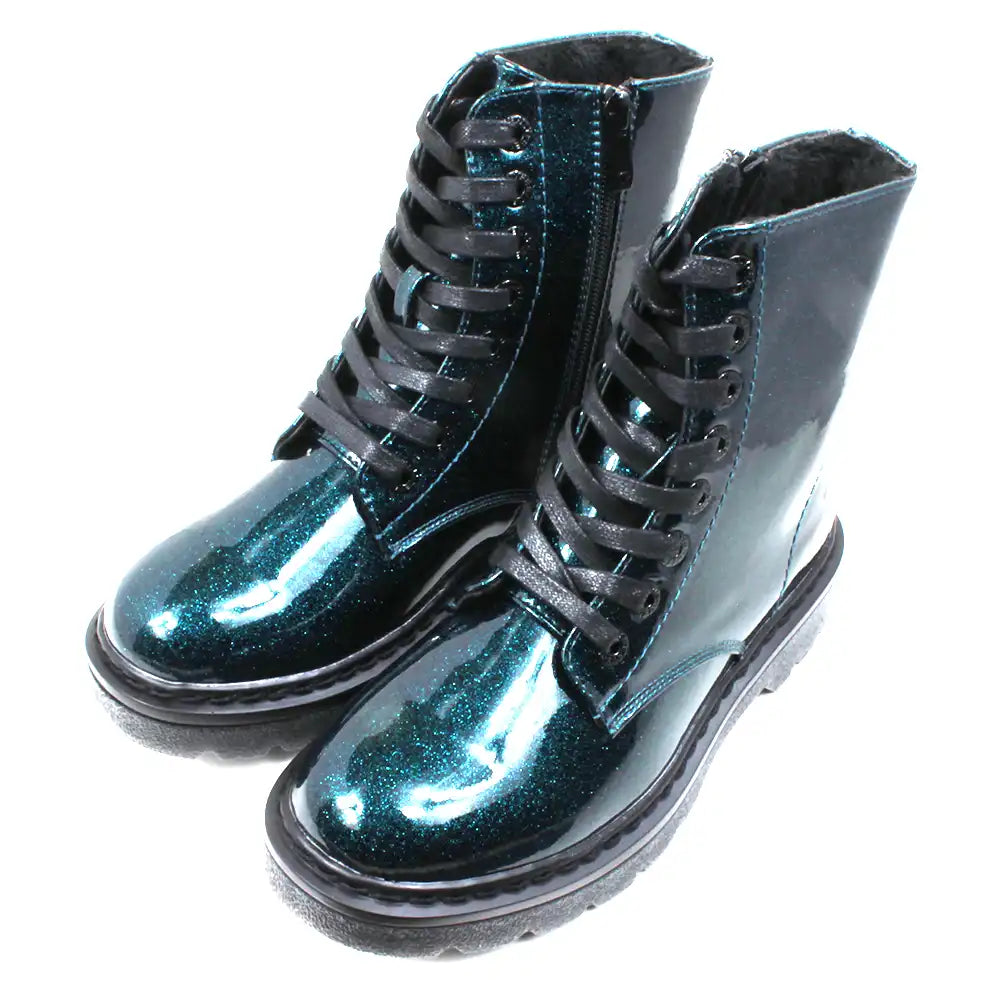 Pair of blue glittery combat style boots with black laces. Angled view.