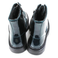 Pair of blue glittery combat style boots with black laces. Back view.