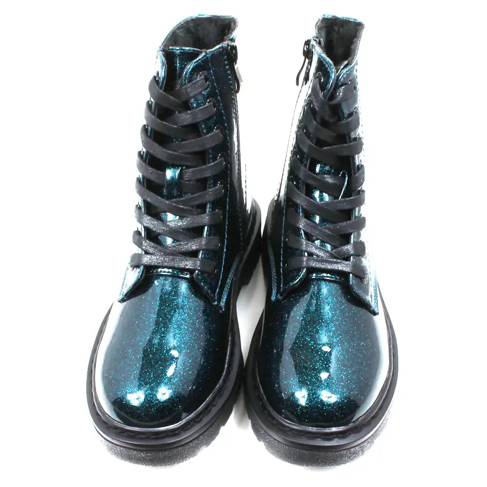 Pair of blue glittery combat style boots with black laces. Front view.