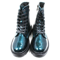 Pair of blue glittery combat style boots with black laces. Front view.