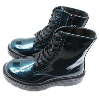 Pair of blue glittery combat style boots with black laces. Side view.