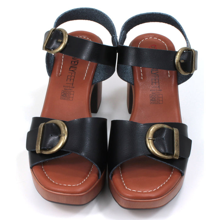 Heavenly Feet black strappy, chunky sandals with antique gold effect buckles. High heels and padded insoles. Front view.