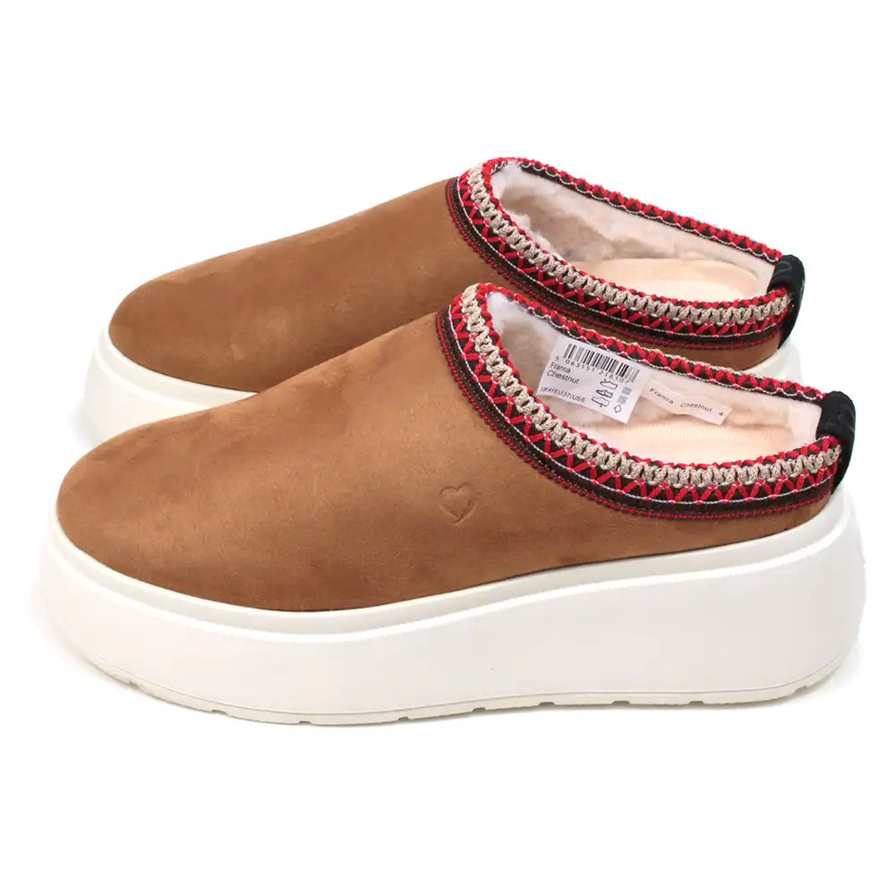 Heavenly Feet Frances chestnut brown coloured suede look open back clogs on white platform soles. Fleece insides and decorative stitched border details. Side view.