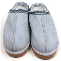 Heavenly Feet Frances grey coloured suede look open back clogs on white platform soles. Fleece insides and decorative stitched border details. Front view.