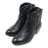 Heavenly Feet black cowboy style ankle boots. Low cuban heels. Zip fastening. Western style stitching. Angled view.