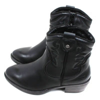 Heavenly Feet black cowboy style ankle boots. Low cuban heels. Zip fastening. Western style stitching. Side view.