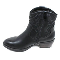 Heavenly Feet black cowboy style ankle boots. Low cuban heels. Zip fastening. Western style stitching. Single boot view showing zip fastening.