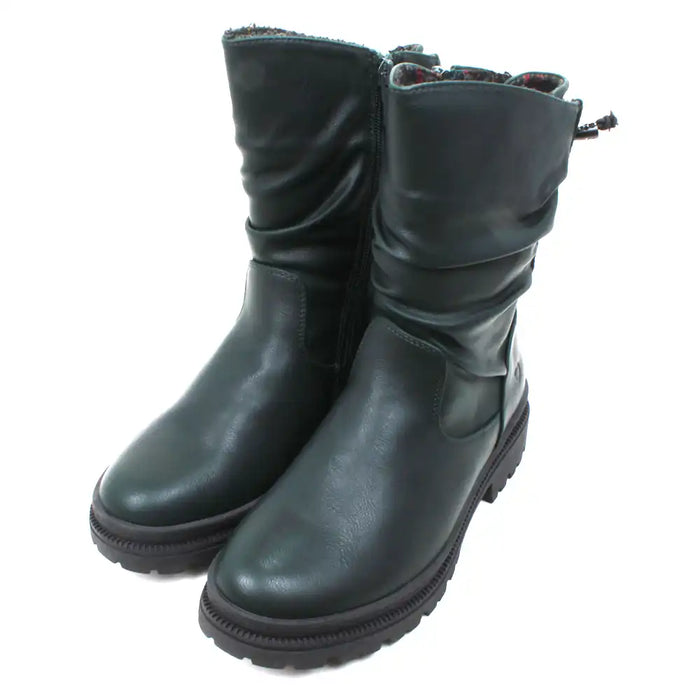 Heavenly Feet Gretel high ankle boots in dark ocean, green colour. Zip opening pull on fit. Creased design around the ankle for a more casual look. Substantial black rubber soles. Angle view.