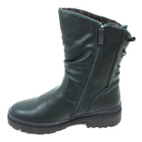 Heavenly Feet Gretel high ankle boots in dark ocean, green colour. Zip opening pull on fit. Creased design around the ankle for a more casual look. Substantial black rubber soles. Single boot view showing the matching zip used for fitting.