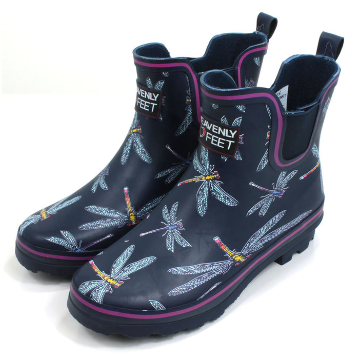 Heavenly Feet purple ankle wellington boots with dragonflies design.  Elastic panels for comfortable wear. Angled view.